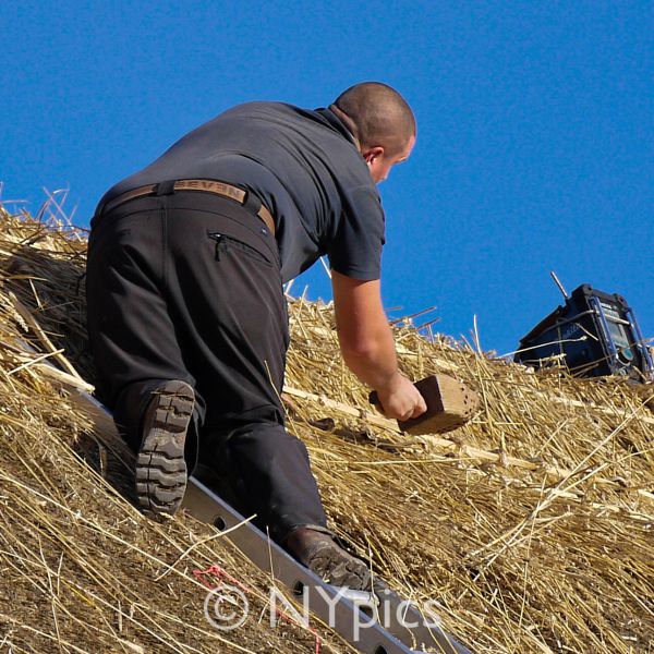 Thatcher Working On A Barn Roof