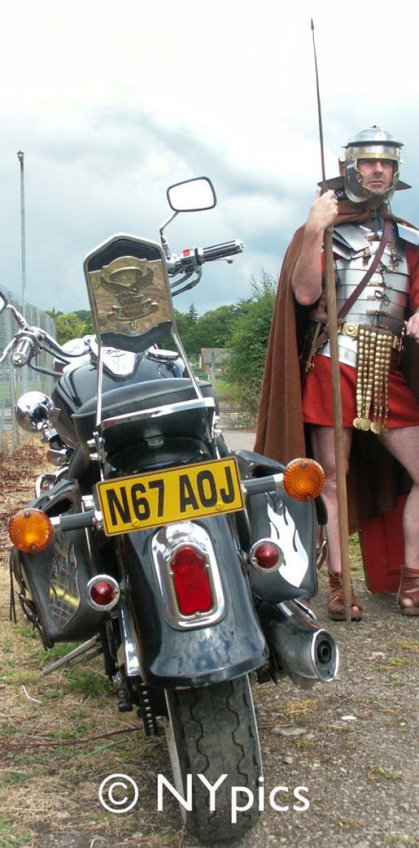 Roman Legionary Soldier Guarding His Mate's Motorbike